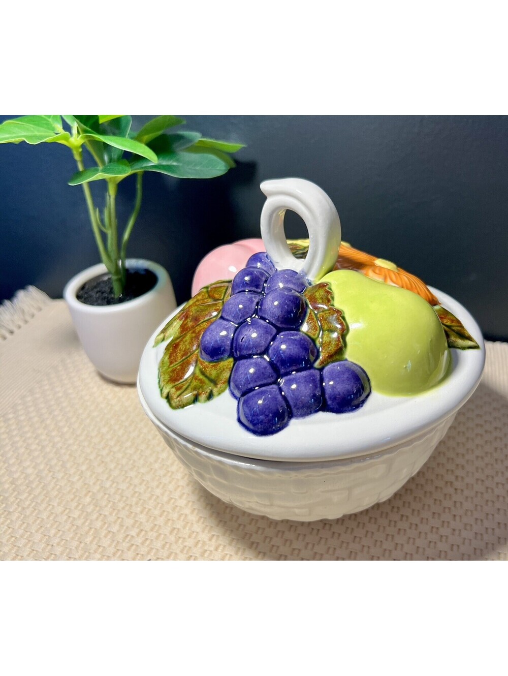 Vintage 1971 Handmade Ceramic Basket Weave Fruit Candy Dish. Lidded Bowl